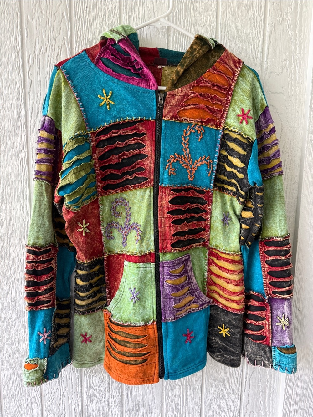 KPC Nepal Womens Bohemian Patchwork Hooded Jacket - Multicolor sz XL